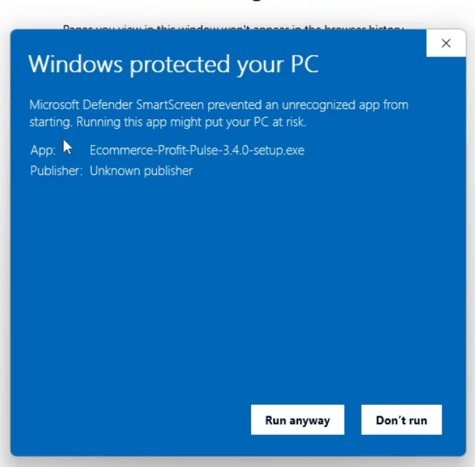 The blue Windows protected your PC dialog, showing Run anyway and Don't run