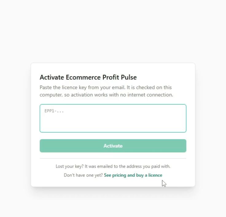 The Activate Ecommerce Profit Pulse screen with an empty key field