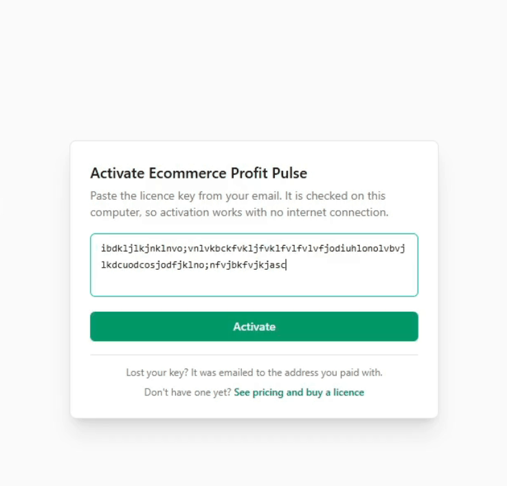 The activation screen with a licence key pasted into the field
