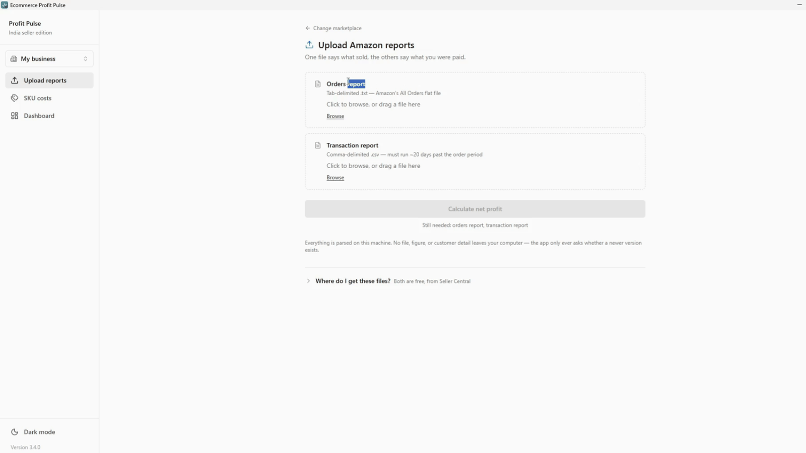 Profit Pulse open on the Upload Amazon reports screen