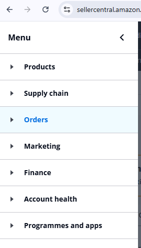 Seller Central menu with Orders highlighted