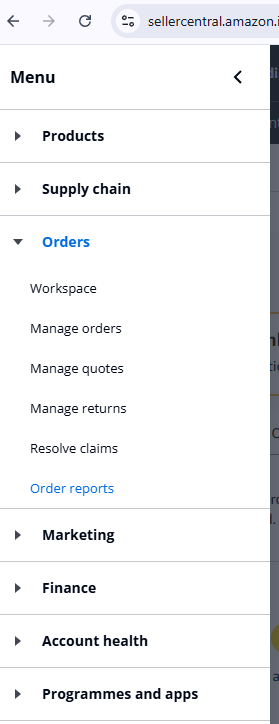 Orders section expanded, showing Order reports