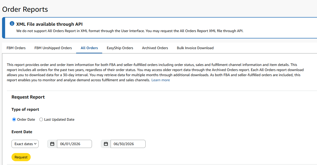 All Orders tab with the request form and date range