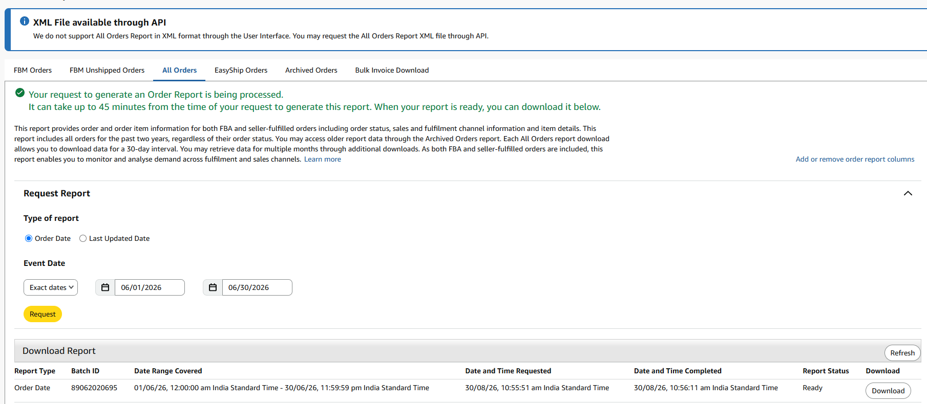 Report status showing Ready with a Download button