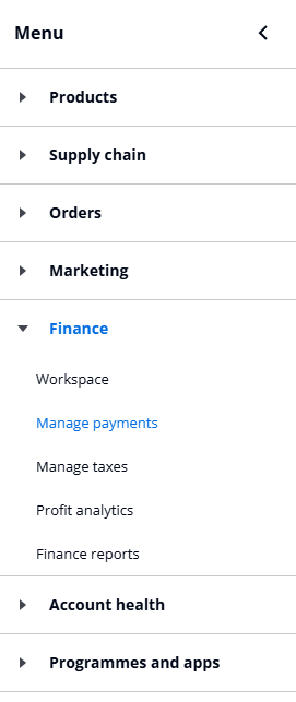 Finance section expanded, showing Manage payments