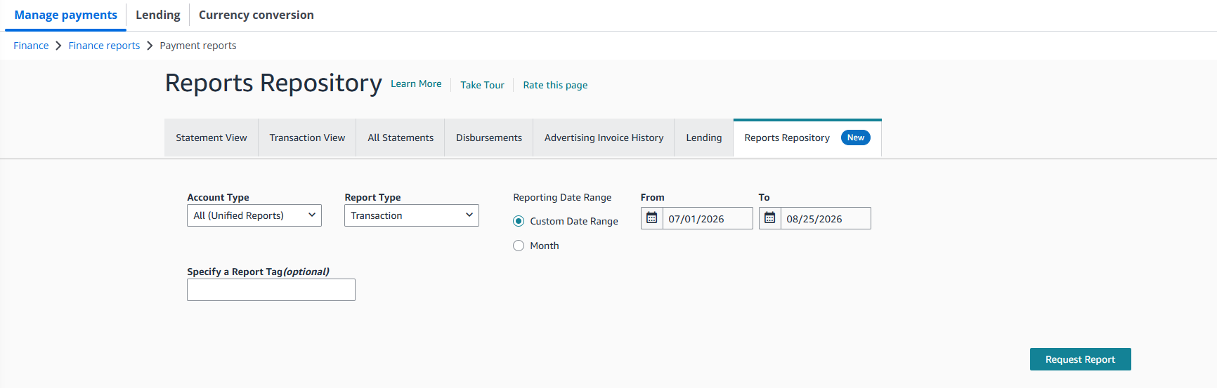Reports Repository tab with Transaction report settings